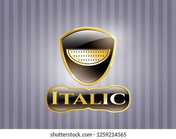  Gold emblem or badge with watermelon icon and Italic text inside