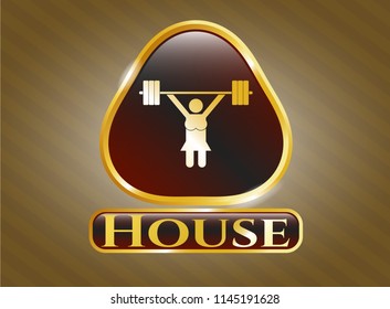  Gold emblem or badge with weightlifter girl icon and House text inside
