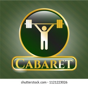  Gold emblem or badge with weightlifting icon and Cabaret text inside