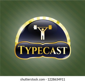  Gold emblem or badge with weightlifting icon and Typecast text inside