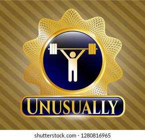  Gold emblem or badge with weightlifting icon and Unusually text inside