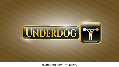  Gold emblem or badge with weightlifting icon and Underdog text inside