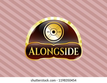  Gold emblem or badge with weightlifting or powerlifting plate (45 lbs) icon and Alongside text inside