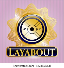  Gold emblem or badge with weightlifting or powerlifting plate (45 lbs) icon and Layabout text inside