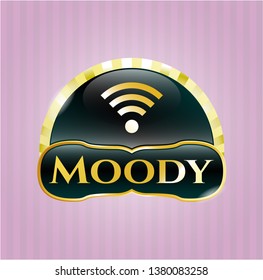  Gold emblem or badge with wifi signal icon and Moody text inside