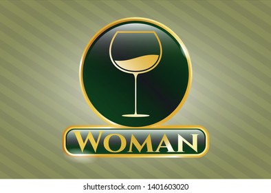  Gold emblem or badge with wine cup icon and Woman text inside