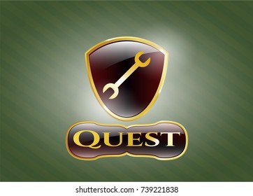  Gold Emblem Or Badge With Wrench Icon And Quest Text Inside