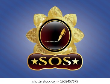  Gold emblem or badge with writer icon and SOS text inside