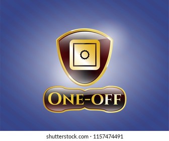  Gold emblem with bank safe icon and One-off text inside