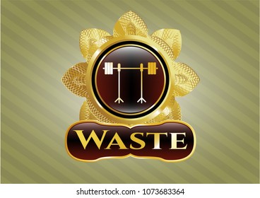   Gold emblem with barbell on rack icon and Waste text inside