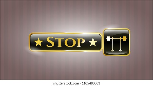  Gold emblem with barbell on rack icon and Stop text inside