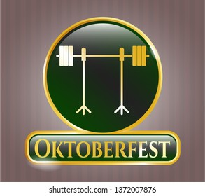  Gold emblem with barbell on rack icon and Oktoberfest text inside