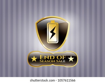  Gold emblem with battery charging icon and End of Season Sale text inside