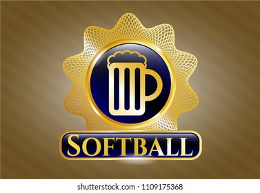 Gold emblem with beer jar icon and Softball text inside