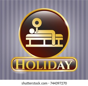  Gold emblem with bench press icon and Holiday text inside