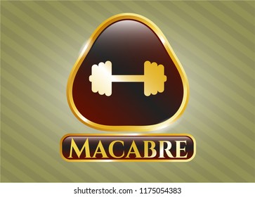  Gold emblem with big dumbbell icon and Macabre text inside