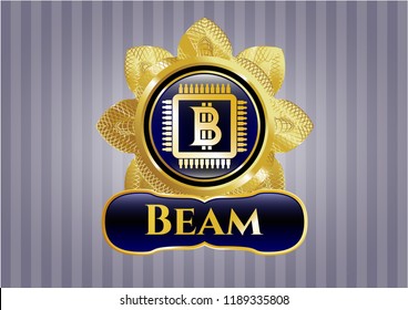  Gold emblem with bitcoin chip (cryptocurrency mining concept) icon and Beam text inside