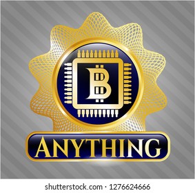  Gold emblem with bitcoin chip (cryptocurrency mining concept) icon and Anything text inside