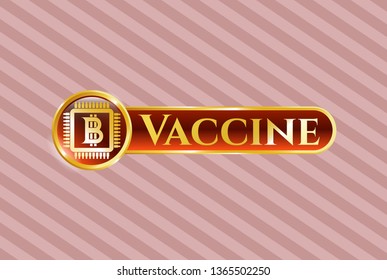  Gold emblem with bitcoin chip (cryptocurrency mining concept) icon and Vaccine text inside