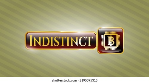 Gold emblem with bitcoin chip (cryptocurrency mining concept) icon and Indistinct text inside