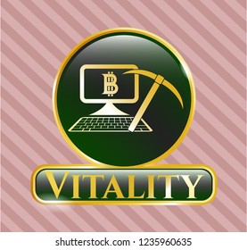  Gold emblem with bitcoin mining icon and Vitality text inside