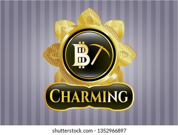  Gold emblem with bitcoin mining icon and Charming text inside