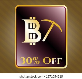 Gold emblem with bitcoin mining icon and 30% Off text inside