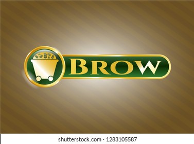 Gold emblem with Bitcoin mining trolley icon and Brow text inside