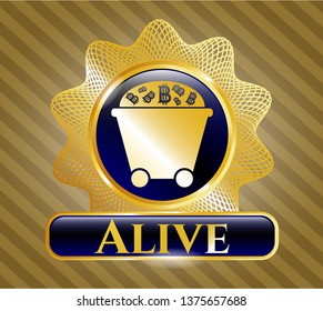  Gold emblem with Bitcoin mining trolley icon and Alive text inside