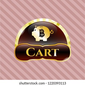  Gold emblem with bitcoin piggy bank icon and Cart  text inside