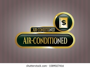  Gold emblem with book with money symbol inside icon and Air-conditioned text inside