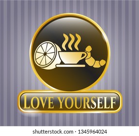  Gold emblem with breakfast  icon and Love Yourself text inside