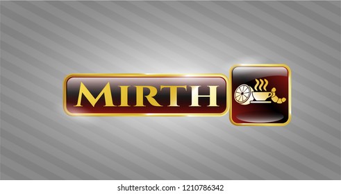  Gold emblem with breakfast  icon and Mirth text inside