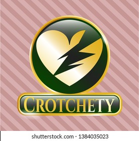  Gold emblem with broken heart icon and Crotchety text inside