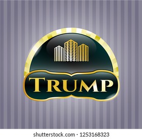  Gold emblem with buildings icon and Trump text inside