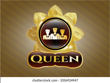  Gold emblem with business teamwork icon and Queen text inside