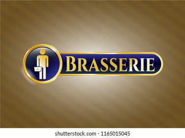  Gold emblem with businessman holding briefcase icon and Brasserie text inside