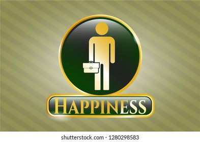  Gold emblem with businessman holding briefcase icon and Happiness text inside