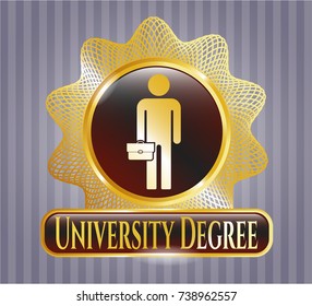  Gold emblem with businessman holding briefcase icon and University Degree text inside