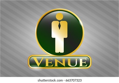  Gold Emblem With Businessman Icon And Venue Text Inside