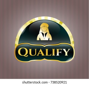  Gold emblem with businesswoman icon and Qualify text inside