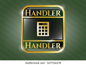  Gold emblem with calculator icon and Handler text inside