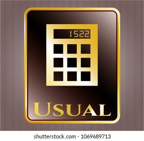  Gold emblem with calculator icon and Usual text inside