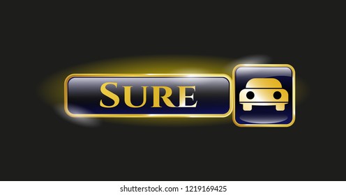  Gold emblem with car seen from front icon and Sure text inside