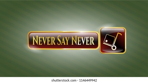  Gold emblem with cargo icon and Never Say Never text inside