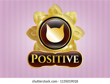  Gold emblem with cat face icon and Positive text inside