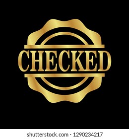 gold emblem with checked text inside