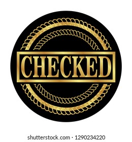 gold emblem with checked text inside