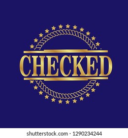 gold emblem with checked text inside