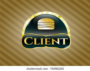  Gold emblem with cheeseburger icon and Client text inside